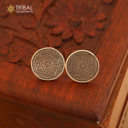 Round 925 sterling silver Mahamrityunjay Yantra stud earrings, unisex jewelry featuring intricate tribal design by TRIBAL ORNAMENTS.