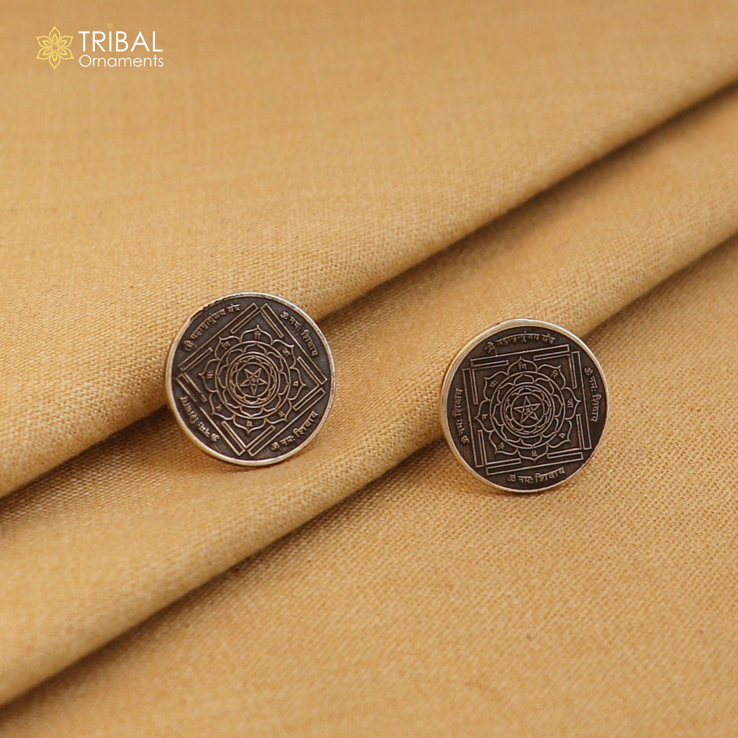 Round 925 sterling silver mahamrityunjay yantra stud earrings, unisex jewelry ear743 - TRIBAL ORNAMENTS