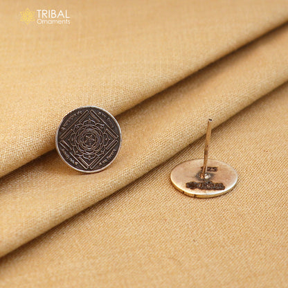 Round 925 sterling silver Mahamrityunjay Yantra stud earrings by Tribal Ornaments, unisex jewelry with intricate design.