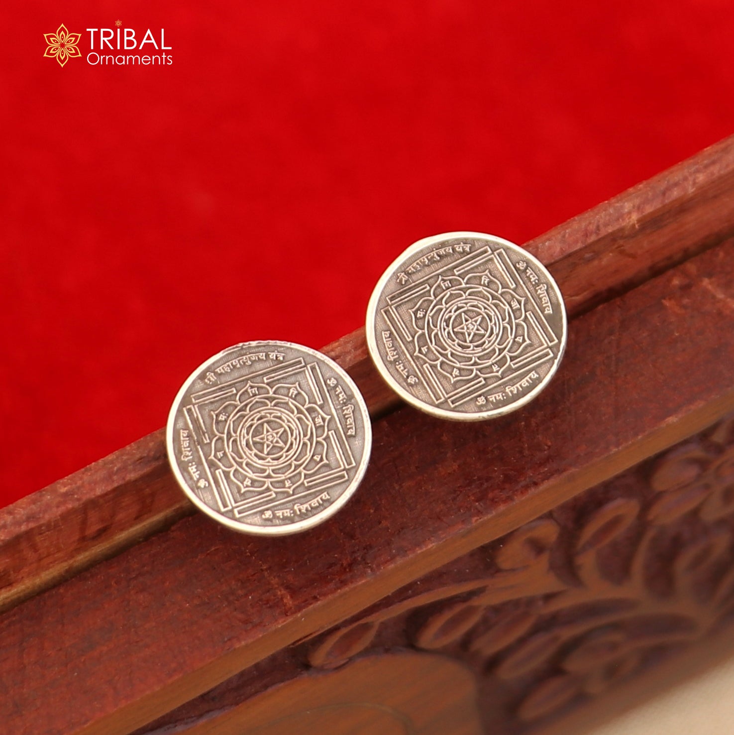 Round 925 sterling silver mahamrityunjay yantra stud earrings, unisex jewelry ear743 - TRIBAL ORNAMENTS