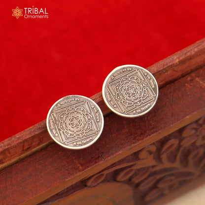 Round 925 sterling silver Mahamrityunjay Yantra stud earrings by TRIBAL ORNAMENTS, unisex jewelry with intricate design.