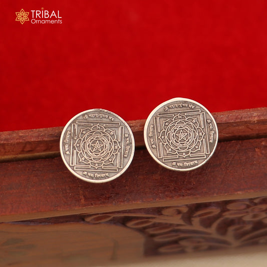 Round 925 sterling silver Mahamrityunjay Yantra stud earrings, unisex jewelry with intricate Yantra design, by TRIBAL ORNAMENTS.