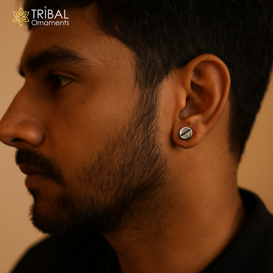 Screw line stud round shape 925 pure silver unisex stud earring jewelry s1402 - TRIBAL ORNAMENTS