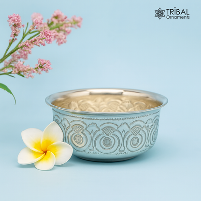 Silver handmade Kandrai Nakshi work bowl by TRIBAL ORNAMENTS, traditional silver rice ceremony and puja utensils.