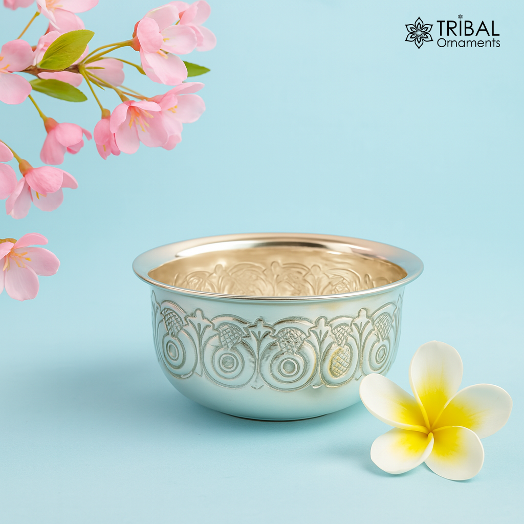 Silver handmade unique design work bowl, silver utensils for rice ceremony Annaprasan, silver worshipping/puja utensils prasad bowl sv279 - TRIBAL ORNAMENTS