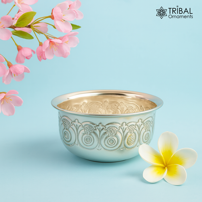 Silver handmade work bowl for rice ceremony and puja, unique design, used for prasad and worship, by TRIBAL ORNAMENTS.