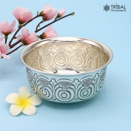 Silver handmade work bowl and utensils for rice ceremony, Annaprasan, or puja, featuring unique tribal design by TRIBAL ORNAMENTS.