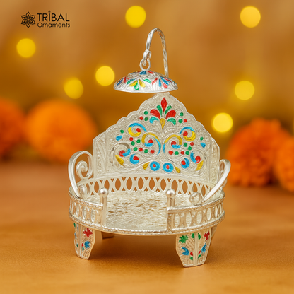 Small handcrafted silver throne in 925 sterling silver for idol gods, suitable as a temple puja stand or god statue holder.