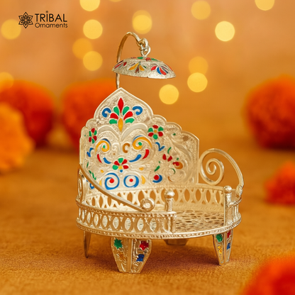 Silver throne 925 sterling silver handcrafted small sinhasan, idol god throne, god statue's stand chair, temple puja god article su529 - TRIBAL ORNAMENTS
