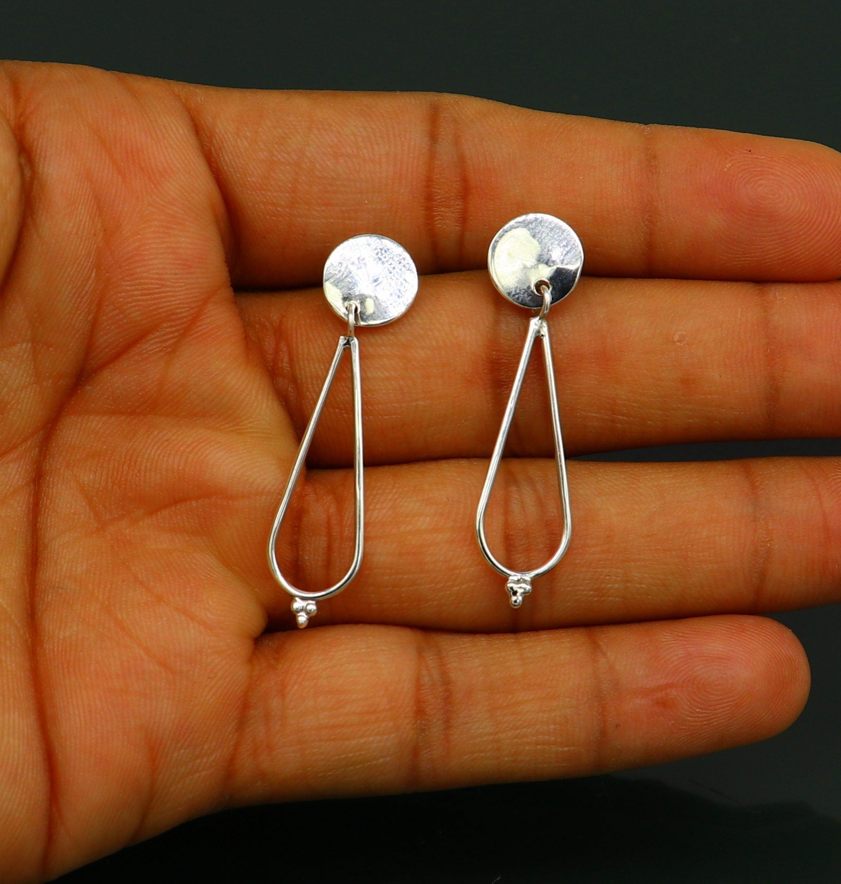 Sterling silver custom dainty stud and drop geometric earrings by TRIBAL ORNAMENTS, stylish and unique for her jewelry collection.