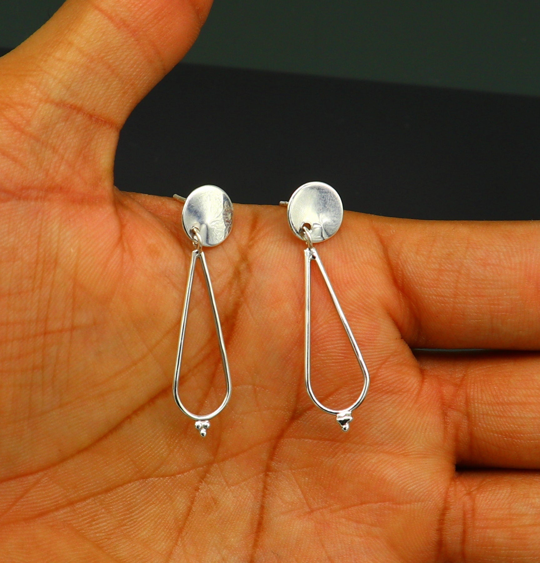 Sterling silver customized dainty stud and drop geometric earrings by TRIBAL ORNAMENTS, perfect for elegant gift-giving.