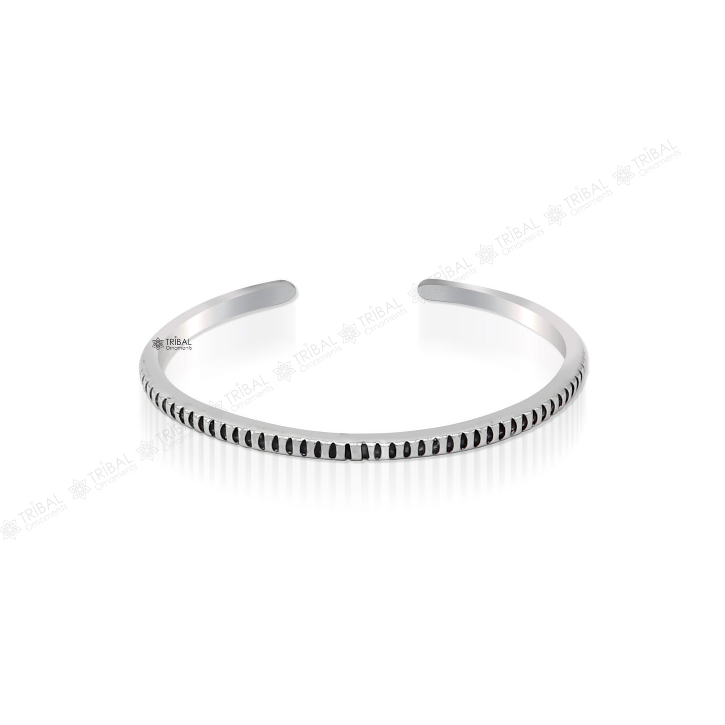 Unisex 925 sterling silver adjustable cuff bangle bracelet with tribal design, handcrafted jewelry from India by TRIBAL ORNAMENTS.