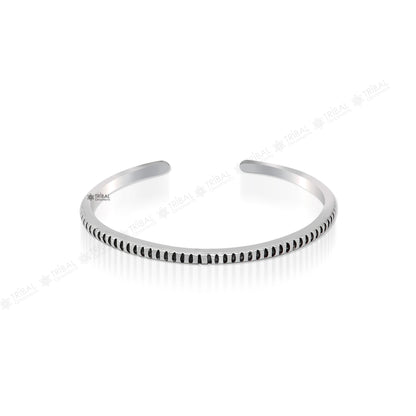 Unisex 925 sterling silver adjustable cuff bangle bracelet with tribal design, handcrafted jewelry from India by TRIBAL ORNAMENTS.