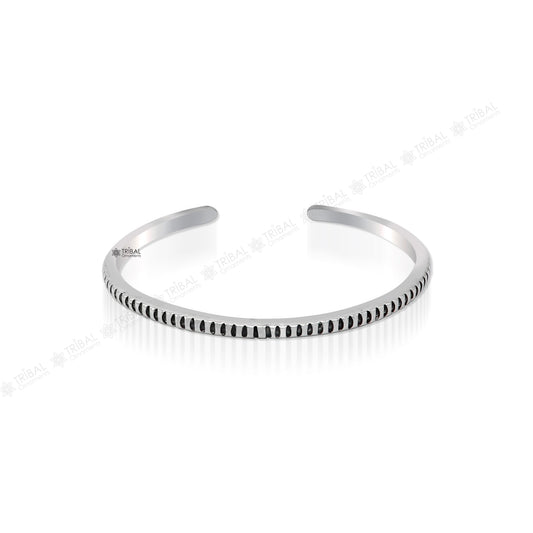 Unisex 925 sterling silver adjustable cuff bangle bracelet with tribal design, handcrafted jewelry from India by TRIBAL ORNAMENTS.