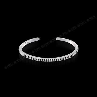 Handmade 925 sterling silver adjustable cuff bangle bracelet from TRIBAL ORNAMENTS, unisex jewelry with intricate tribal design.