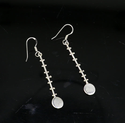 Solid 925 sterling silver handmade drop dangle hoop earring by TRIBAL ORNAMENTS, featuring stamped design for fashionable jewelry.