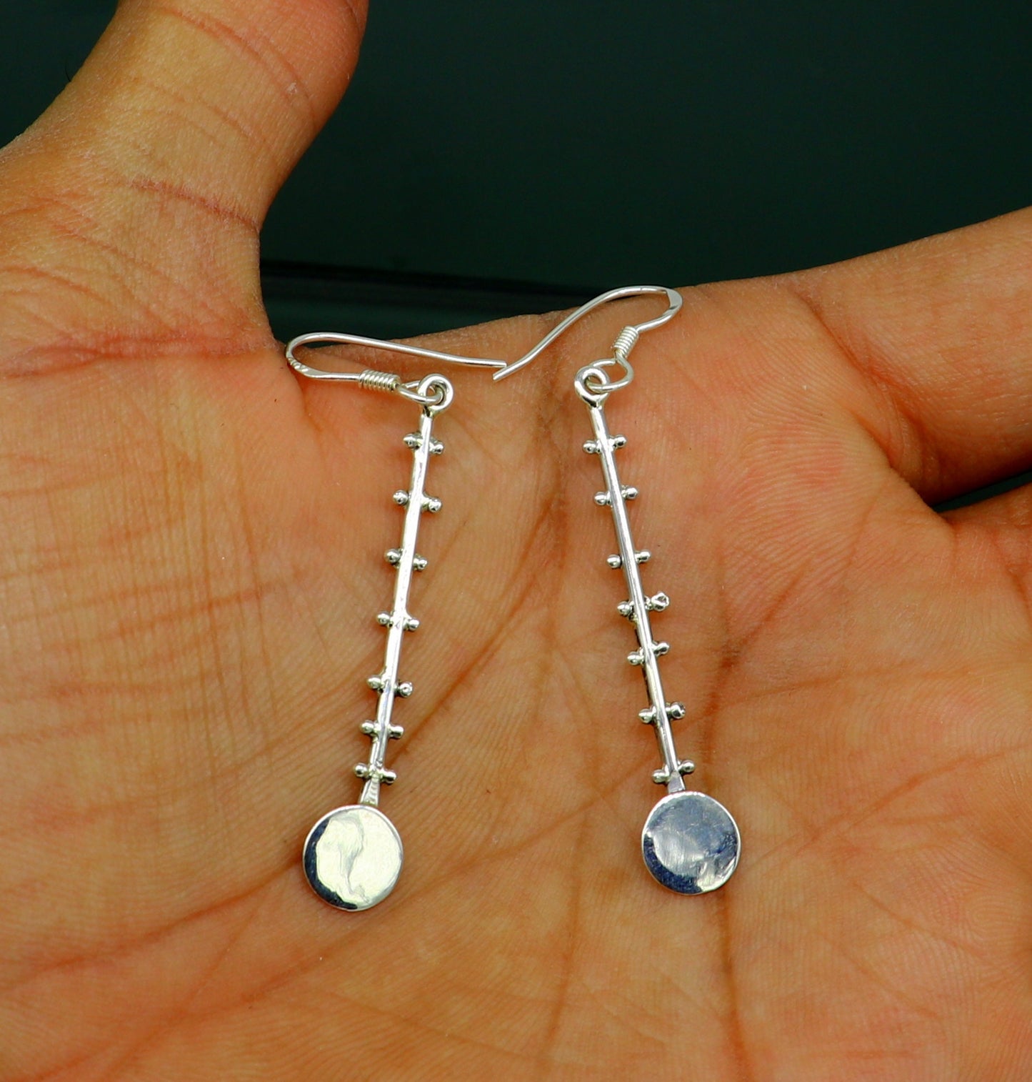 Handmade sterling silver drop dangle hoop earring with tribal design and 925 stamp, perfect for gifting or fashionable jewelry.