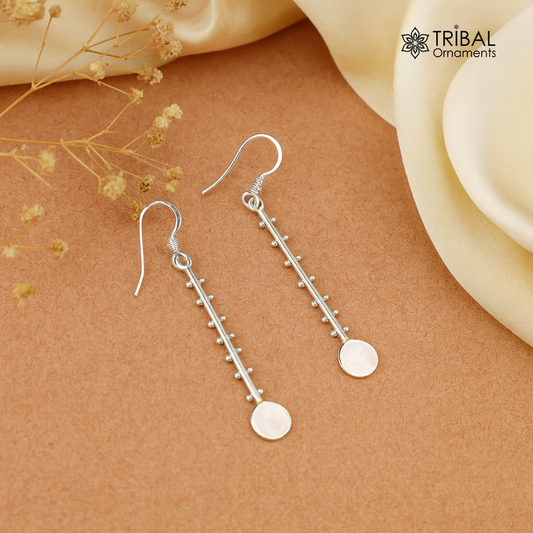 Solid 925 sterling silver handmade drop dangle hoop earring by TRIBAL ORNAMENTS with stamped detailing, perfect for gift or party wear.