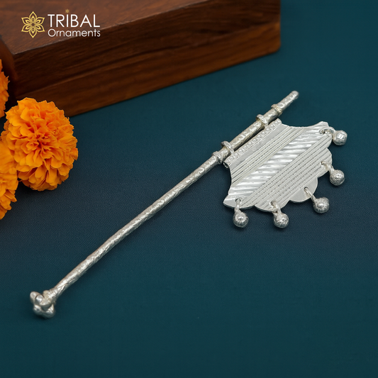 Solid silver pankhi, vintage design small fan or pankhi for god puja, best gifting to laddu gopala krishna, silver hand driven fan su686 - TRIBAL ORNAMENTS