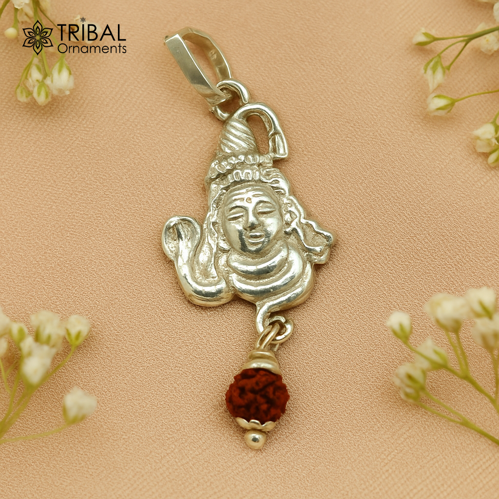Solid sterling silver amazing designer Hindu idol Lord Shiva pendant with hanging rudraksha excellent locket pendant custom jewelry ssp1121 - TRIBAL ORNAMENTS