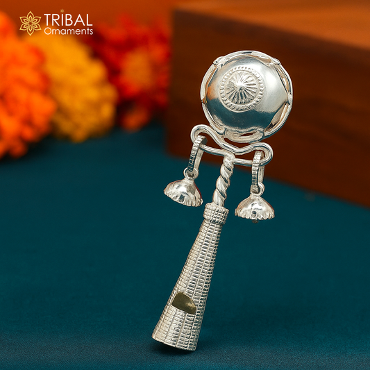 Solid sterling silver handmade design new born baby gifting bells toy, baby krishna gifting toy, silver whistle, silver temple article su338 - TRIBAL ORNAMENTS