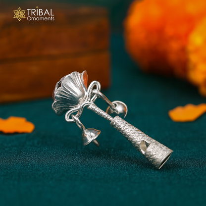 Solid sterling silver baby Krishna gifting bell toy with handmade design, featuring intricate temple-inspired detailing.