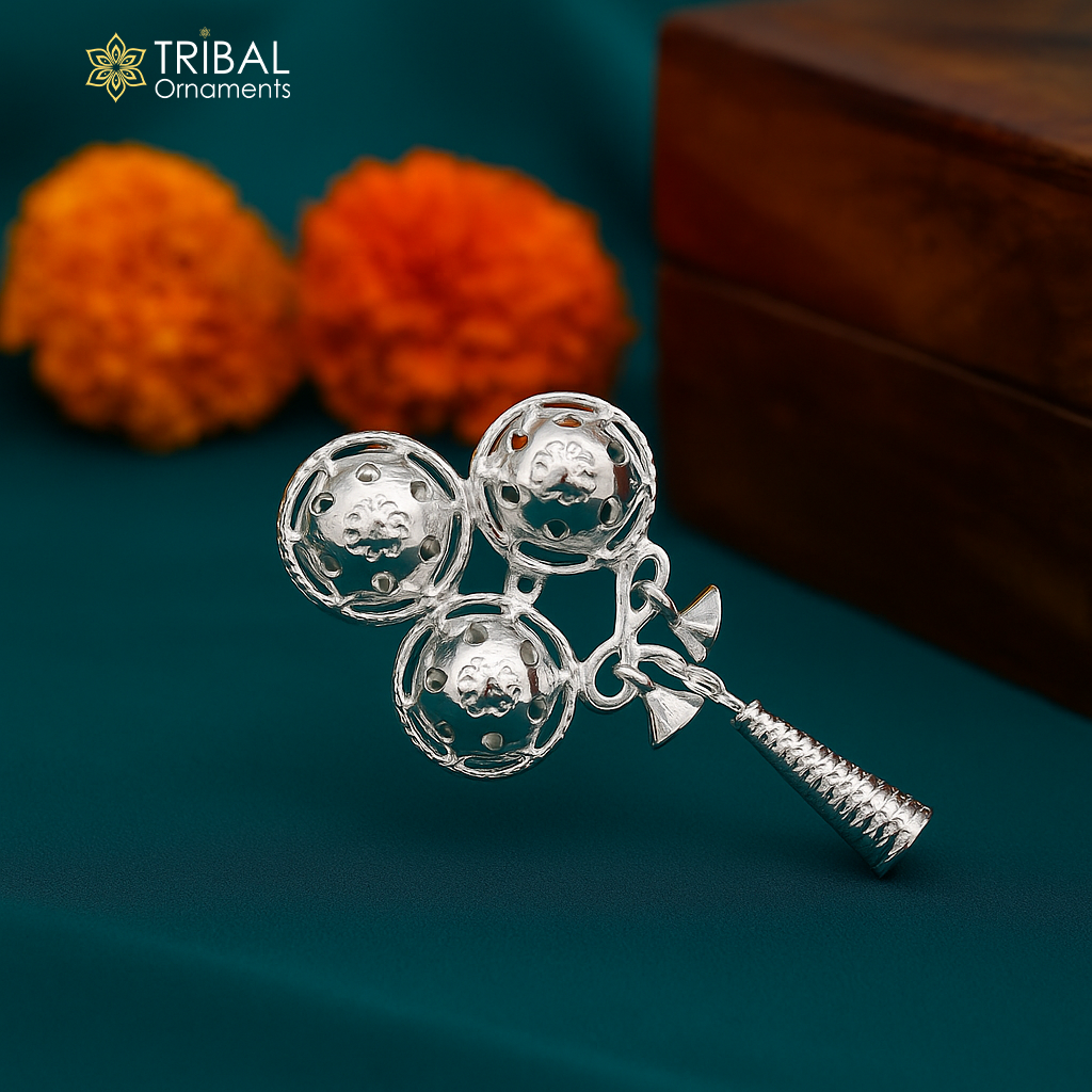 Solid sterling silver handmade design new born baby gifting bells toy, baby krishna gifting toy, silver whistle, silver temple article su410 - TRIBAL ORNAMENTS