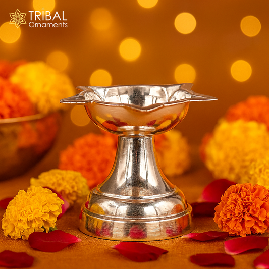 solid sterling silver handmade elegant oil lamp, silver home temple utensils, silver diya, deepak, silver utensil, silver puja article su404 - TRIBAL ORNAMENTS