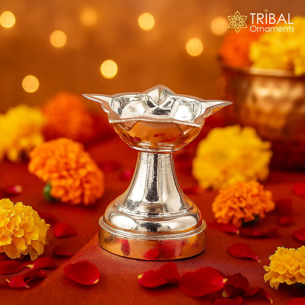 solid sterling silver handmade elegant oil lamp, silver home temple utensils, silver diya, deepak, silver vessels, silver puja article su402 - TRIBAL ORNAMENTS