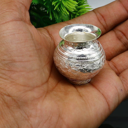 Solid sterling silver handmade small Kalash pot for puja, traditional Shiva water or milk vessel from India by Tribal Ornaments.