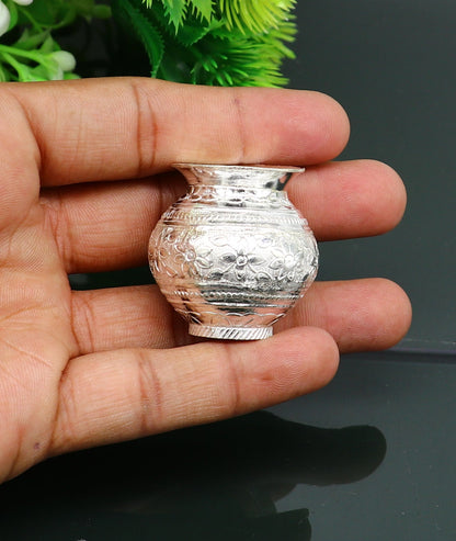 Solid sterling silver handmade small Kalash pot, traditional Indian Shiva puja water or milk vessel, crafted by Tribal Ornaments