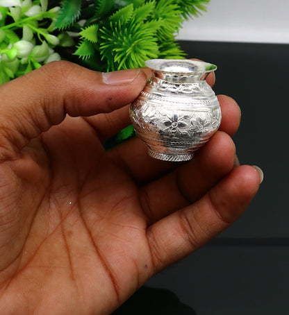 Small handmade sterling silver Kalash pot, traditional Shiva puja article for water or milk offerings, crafted by Tribal Ornaments.