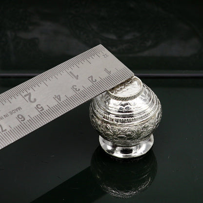 Solid sterling silver handmade small Kalash pot, traditional Shiva puja water or milk vessel, crafted in India by Tribal Ornaments.