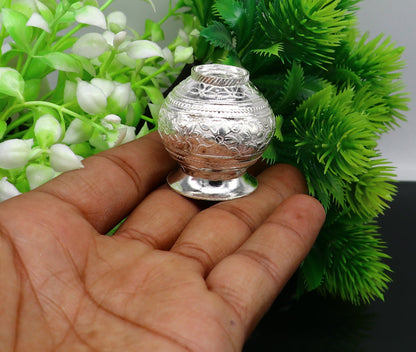 Solid sterling silver handmade small Kalash pot, traditional Shiva puja water or milk vessel, crafted by Tribal Ornaments in India.
