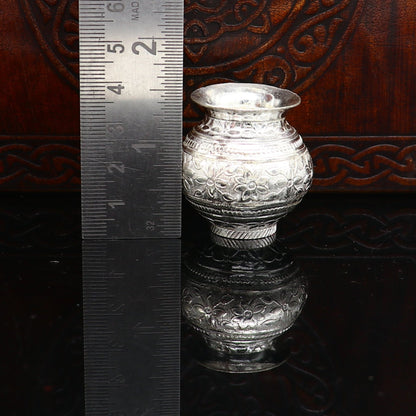 Small handmade sterling silver Kalash pot for puja, traditional Shiva water or milk offering vessel from India by Tribal Ornaments