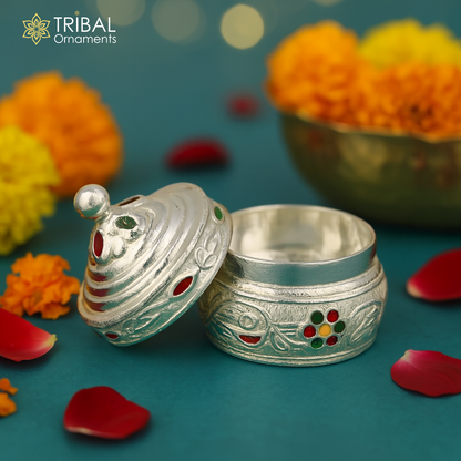 Solid sterling silver antique-style handmade brides eyes kajal box, surma, kumkum, sindur, and small trinket storage by TRIBAL ORNAMENTS.