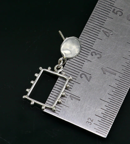 Square-shaped 925 sterling silver drop dangle hoops earrings by TRIBAL ORNAMENTS, shiny and elegant for brides or gifting.
