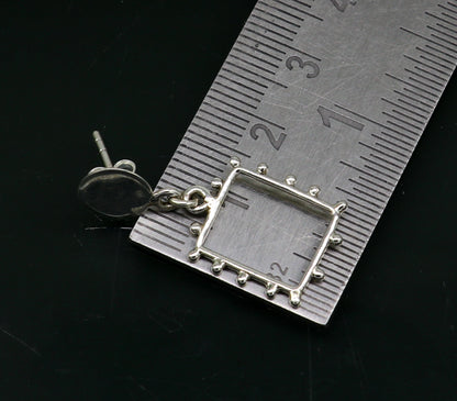 Square shape 925 sterling silver shiny drop dangle hoops earrings from Tribal Ornaments, ideal for brides and gifting.