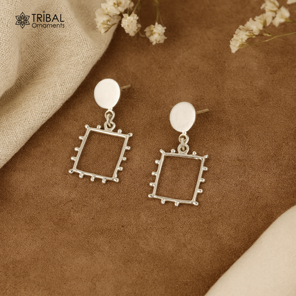 Square-shaped 925 sterling silver drop dangle hoops earrings from Tribal Ornaments, shiny and perfect for brides and gifting.