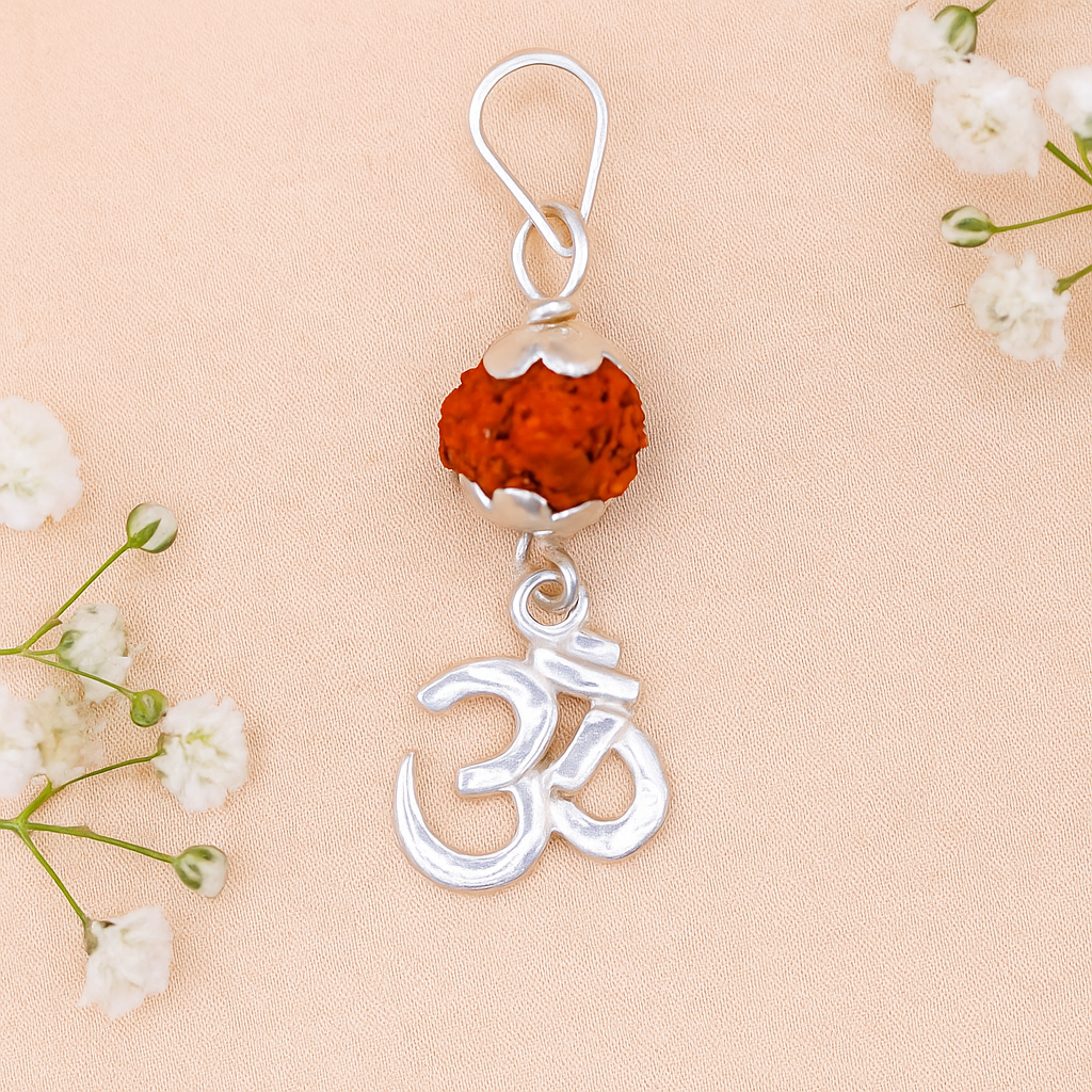Sterling silver Handmade Aum mantra pendant with fabulous natural rudraksha beads excellent unisex gifting light weight jewelry nsp279 - TRIBAL ORNAMENTS
