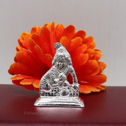 Sterling silver Lord Krishna Laddu Gopala statue figurine, handmade Indian idol for puja, decoration, and Diwali gift.