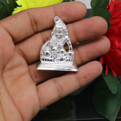 Sterling silver Lord Krishna Laddu Gopala statue figurine, handmade Indian deity idol for puja, decoration, and Diwali gifts.