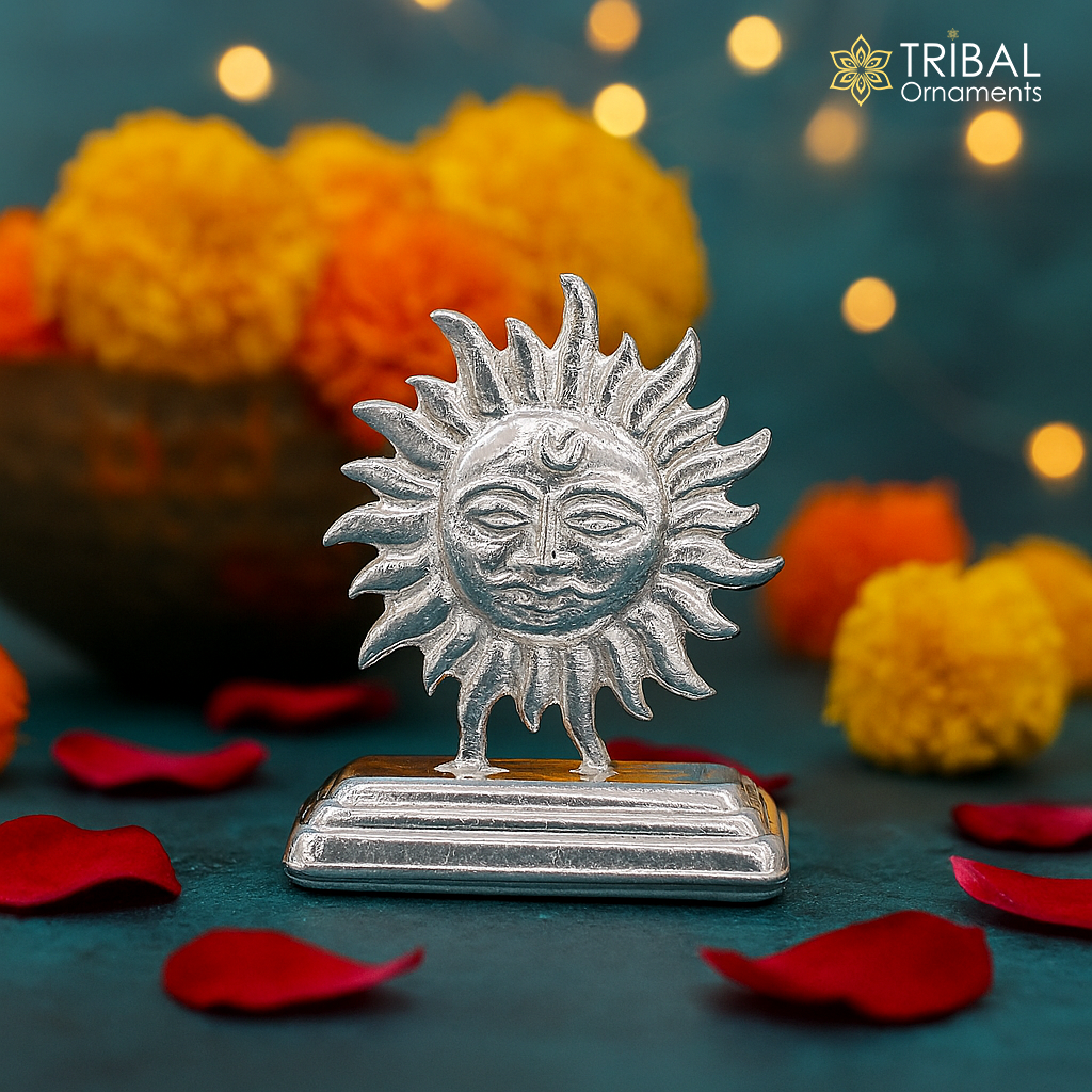 Sterling silver handmade design Indian Idols sun ro suraj statue figurine, puja articles decorative gift diwali puja art52 - TRIBAL ORNAMENTS