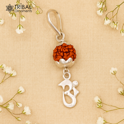 Sterling silver unisex Aum pendant necklace with natural rudraksha bead, handmade tribal jewelry by TRIBAL ORNAMENTS.