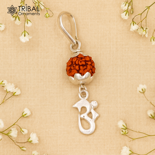 Sterling silver handmade fabulous Aum pendant with natural rudraksha excellent stylish modern unisex pendant necklace jewelry nsp278 - TRIBAL ORNAMENTS