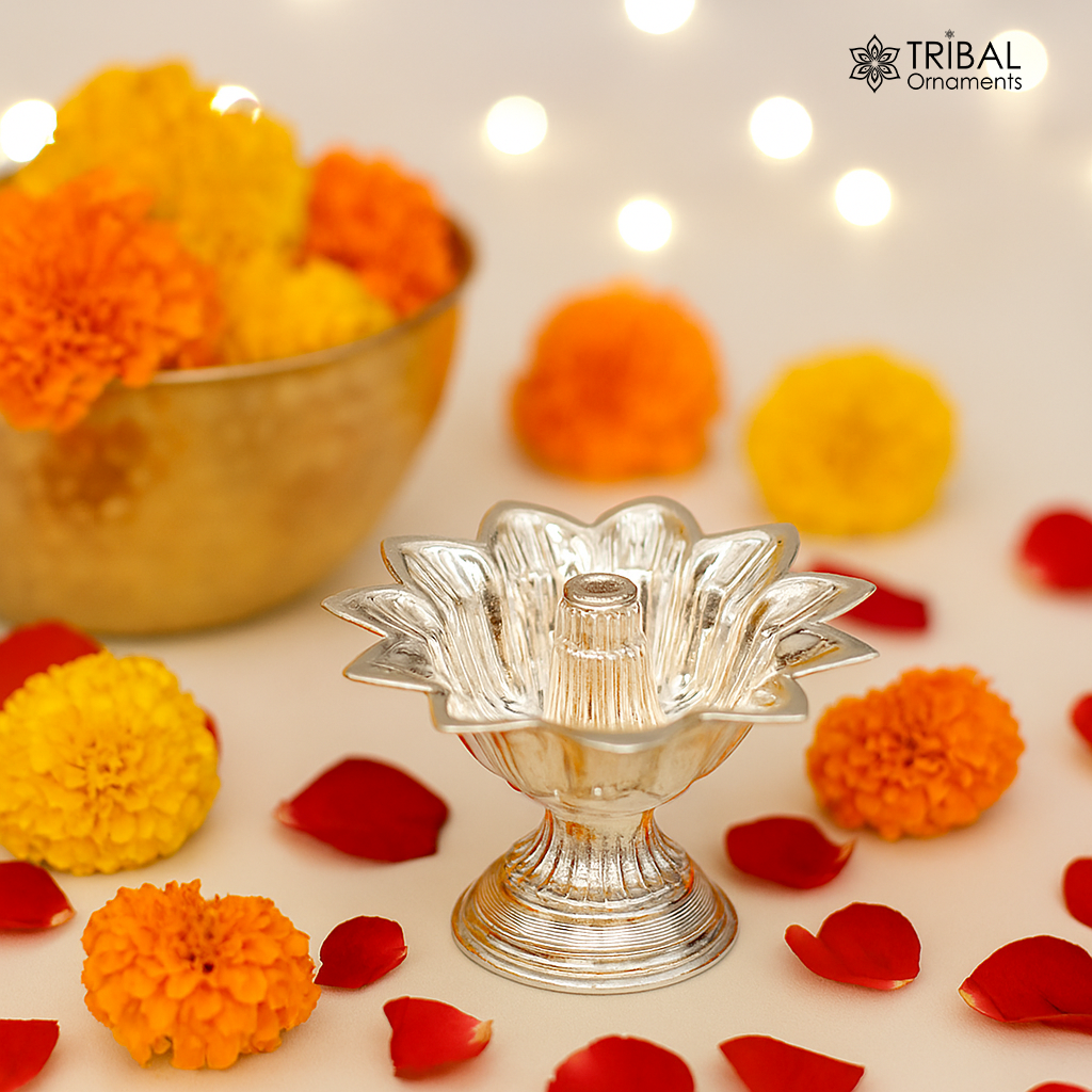 Sterling silver handmade gorgeous lamp oil lamp for home temple decoration gorgeous article collectible sst06 - TRIBAL ORNAMENTS