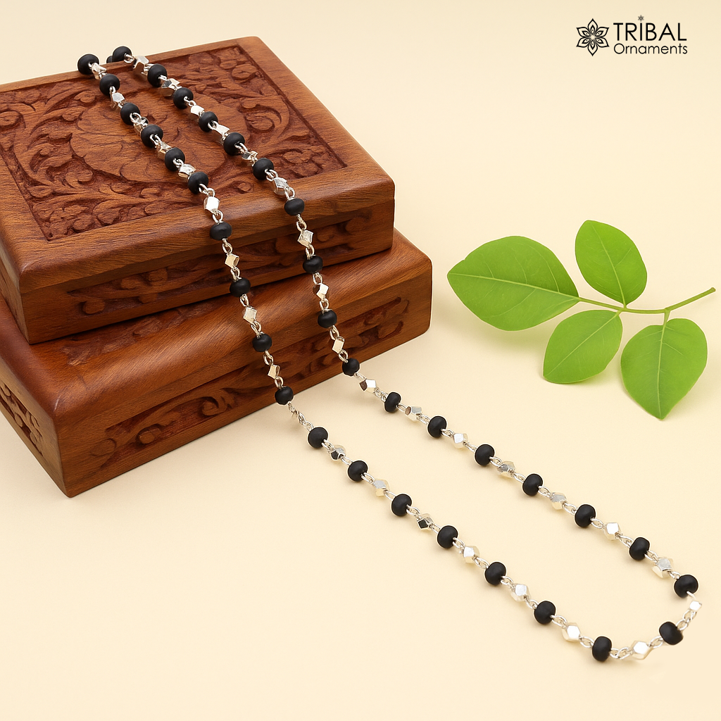 Sterling silver handmade Solid beads and black basil rosary wooden beads silver chain necklace tulsi mala use in Ayurveda meditation ch58 - TRIBAL ORNAMENTS