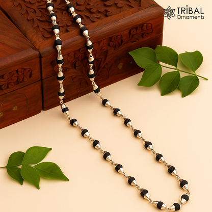 Sterling silver handmade black basil rosary necklace with wooden beads and silver chain, ideal for Ayurveda meditation and spiritual practice.