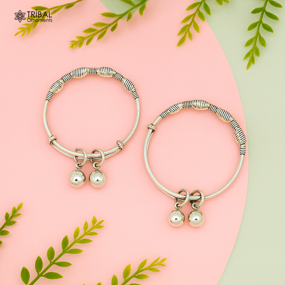Sterling silver designer baby adjustable bangles bracelet with charming details, handmade by Tribal Ornaments for kids.