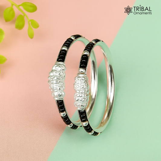 Trendy style sterling silver baby bangle nazariya, black evil eye bangle for new born baby kids, fabulous baby jewelry from india nbbk226 - TRIBAL ORNAMENTS